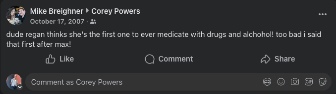 Mike's Facebook wall post, October 2007